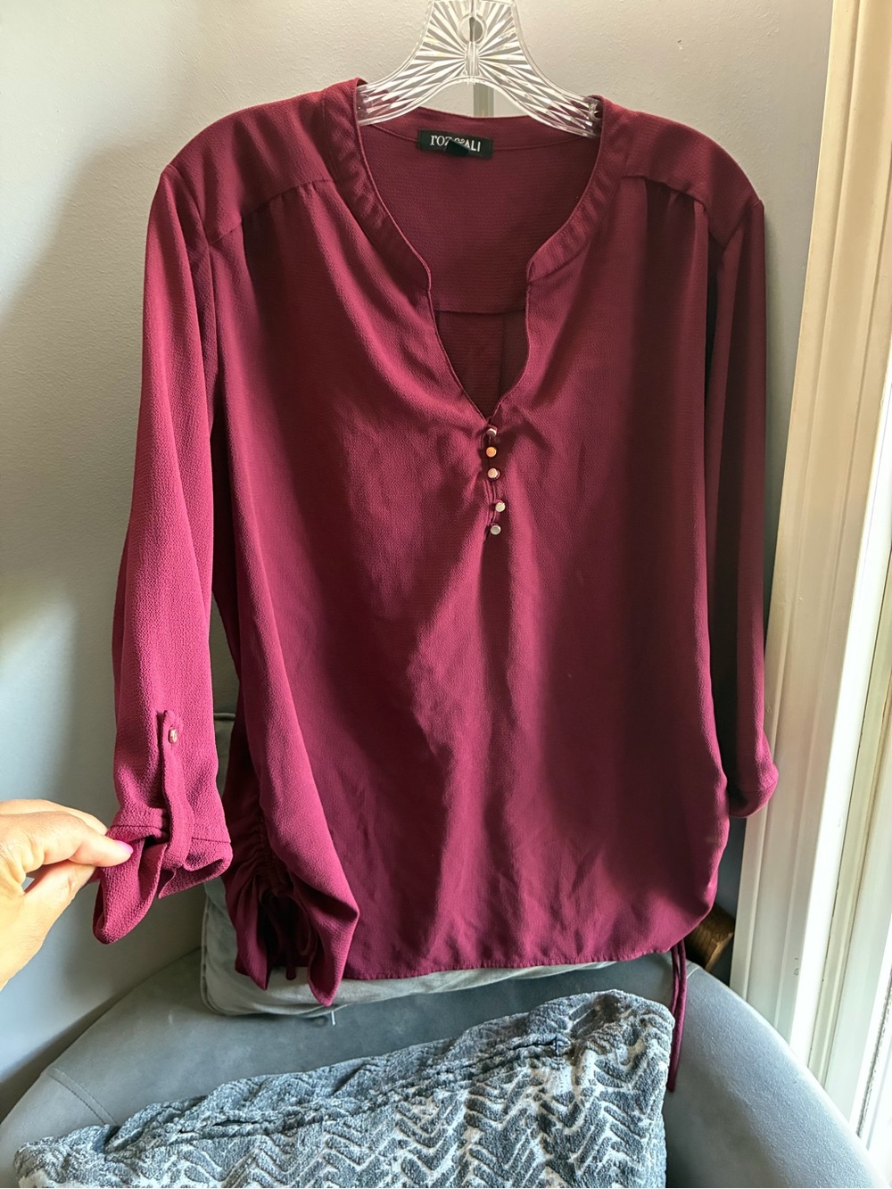 Roz & Ali Wine Red Button-Accent Roll-Tab Blouse